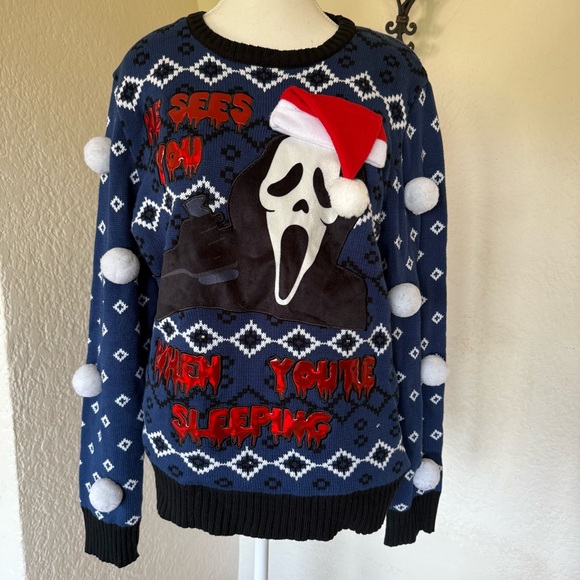 Spencers Ugly HORROR Scream Sweater Ghost Face Lights Up Sound Christmas Sz M - Picture 1 of 10
